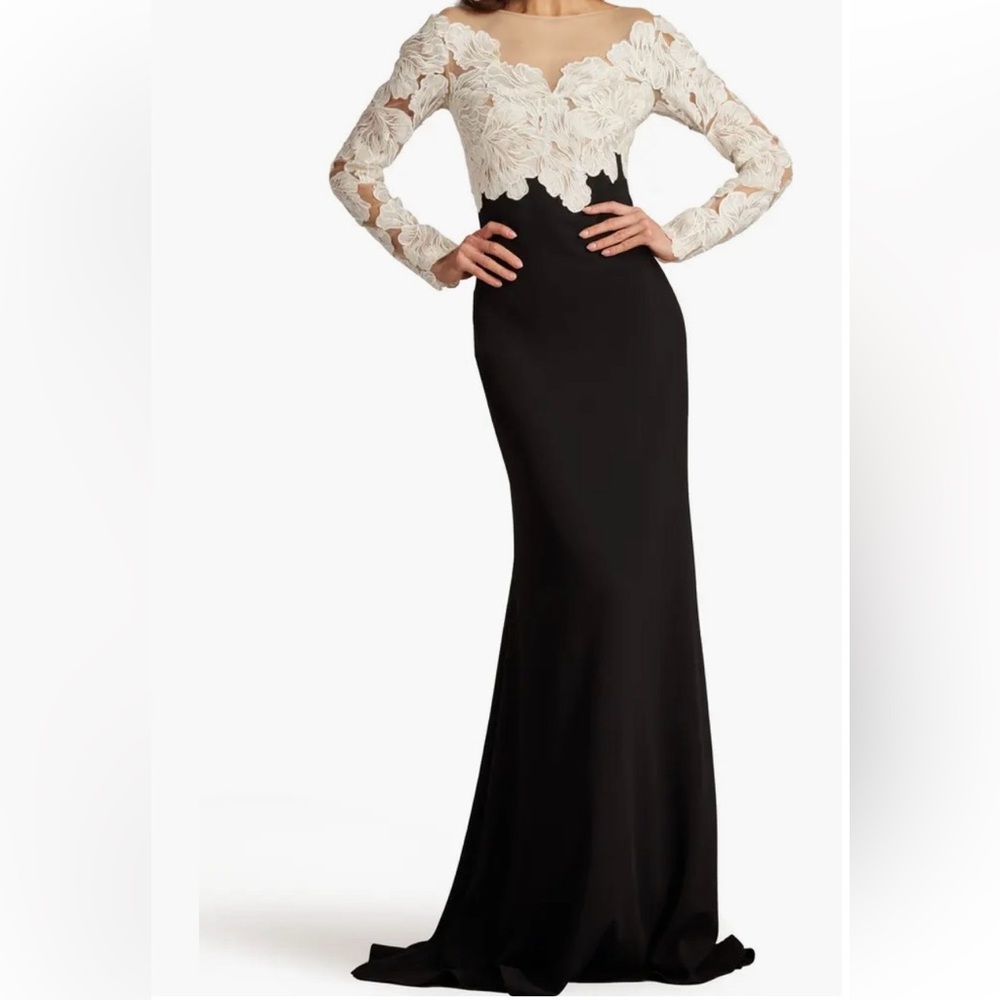 Tadashi Shoji Floral Lace Bodice Mixed Media Lone Sleeve Gown